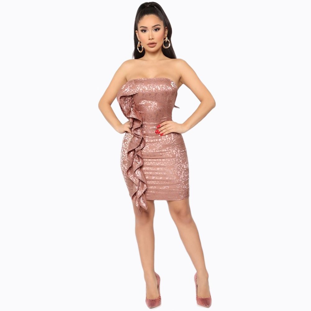 Rose Gold Brocade Ruffle Mini Dress